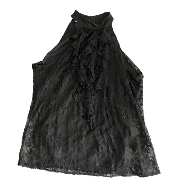 AB Studio Tops - Black Lace Ruffle Halter XL Sleeveless Mock Neck Blouse Whimsigoth Fairy Keyhole